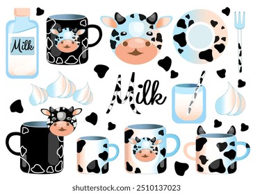 A set of dishes for children and adults with milk and cow print accessories. Black specks, Dalmatian. Spotted cow texture. Vector on a separate white background.