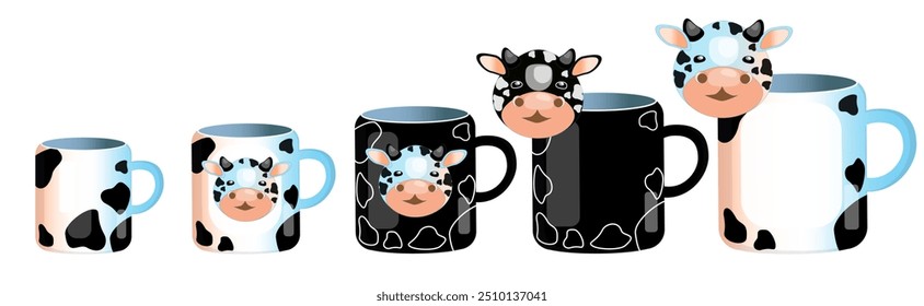 A set of dishes for children and adults with milk and cow print accessories. Black specks, Dalmatian. Spotted cow texture. Vector on a separate white background.