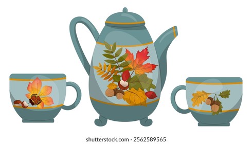 Set of dishes for coffee, cups and coffee pot decorated with autumn leaves and fruits. Vector illustration for a poster, greeting card or invitation, labels or tags