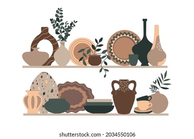 A set of dishes, colorful plates, bowls, ceramic vases with plants and a jug on a white background. handmade ceramic earthenware tableware vector	

