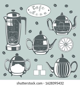 A set of dishes consisting of glass and ceramic teapots, coffeepots, sugar bowl and lemon slices on a gray isolated background with the inscription Cafe menu