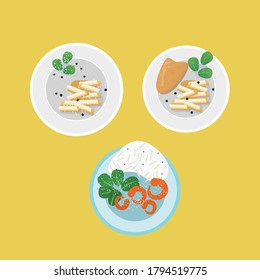 Set of dishes consisting of pasta with Basil, chicken steak, fried shrimp, rice. Illustration of plates with food for a cookbook, restaurant menu, online shopping site for ready meals