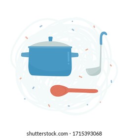 A set of dishes for cooking soups. Casserole, ladle, wooden spoon. Bright color illustration for sites, cards, infographics. Vector isolated on white background.