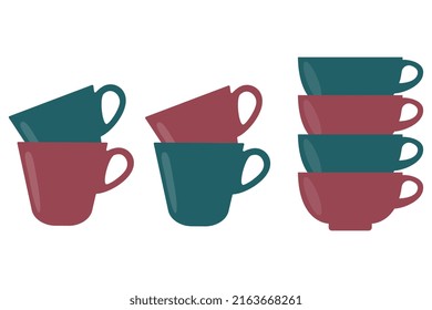 Un conjunto de platos (taza, tazón). Dibujo vectorial de platos.