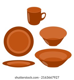 A set of dishes (cup, plate, bowl). Vector drawing of dishes.