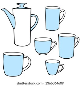 Set of dishes from cups and kettle. Vector illustration