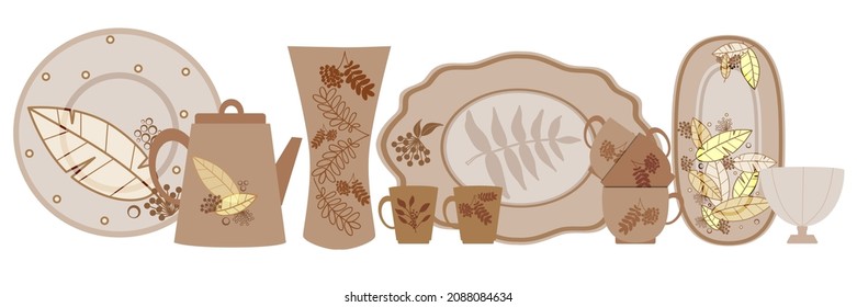 A set of dishes, different sizes and shapes in the same color scheme, vases, teapots, dishes and plates, glasses and teacups. Vector illustration.
