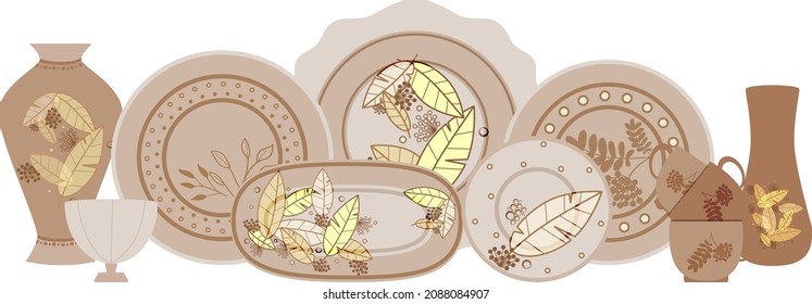 A set of dishes, different sizes and shapes in the same color scheme, vases, teapots, dishes and plates, glasses and teacups. Vector illustration.