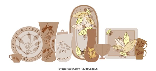 A set of dishes, different sizes and shapes in the same color scheme, vases, teapots, dishes and plates, glasses and teacups. Vector illustration.
