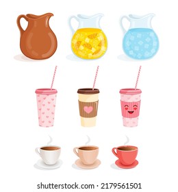 Set dishes for drinks. Set of vector illustrations of espresso, cappuccino, latte, raf with milk and sweet dessert.