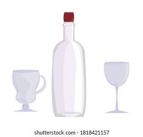 un conjunto de platos: una botella de vino vacía y dos vasos (uno sobre un tallo largo y el otro para el vino a la parrilla). vaso limpio. productos alcohólicos. copas de vino para las vacaciones. vector