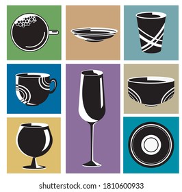 set of dishes in engraving style