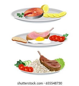 Set of dishes from fish and meat. Vector illustrations