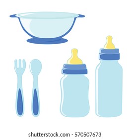 Set of dishes for food and bottles for a boy baby.
