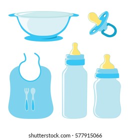 Set of dishes for food and pacifier for boy baby.
