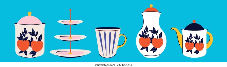 Set of dishes in hand drawn, modern trendy style. Groovy design. Cups, teapot, kettle for drinks, tea, coffee. Vector illustration. Vibrant colors. Flowers, berries, fruits. Elements. Flat style. 