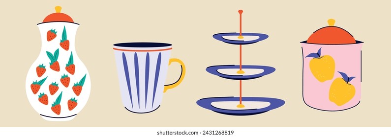 Set of dishes in hand drawn modern trendy style. Tea and coffee. Groovy design. Vector illustration. Handmade Tableware Vibrant colors. Elements. Flat style. Ceramic Crockery. Beverages Collection