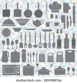 A set of dishes and household appliances grey and white version. Background made of triangles.
