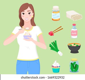 Set Of Dishes And Ingredients Full Of Probiotics. Organic Meals And Healthy Lifestyle. Woman Eating Yogurt. Collection Of Kimchi, Kombucha And Tempeh, Miso Soup And Pickled Cucumbers, Vector