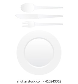 A set of dishes isolated on white background. Plate, spoon, fork, knife.