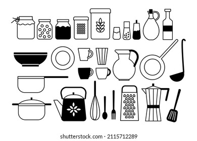 Set of dishes and kitchen accessories: pots, frying pan, kettle, coffee pot, cups.