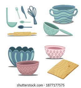 A set of dishes for the kitchen. Bowls, saucepan, boards, ladle, forks, and knives. Wooden board and rolling pin. Vector illustration