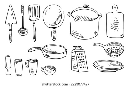 Set of dishes. Kitchen tools for cooking. Accessories, knives and miscellaneous. Outline hand drawn sketch. Drawing with ink. Isolated on white background. Vector.