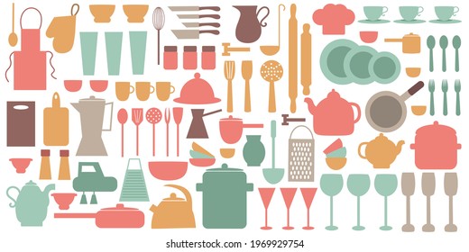 A set of dishes and kitchen utensils for cooking. Flat vector illustration. Elments for kitchen utensils.