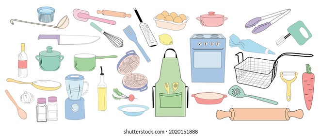 A set of dishes for the kitchen vector stock illustration. Cook's cooking tools. Stickers about the household. Templates for menu recipes. Isolated on a white background.