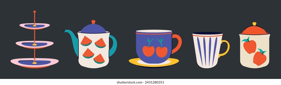 A set of dishes in a modern trendy style. Tea and coffee. Groovy design. Vector illustration. Vibrant colors. Collection of Elements. Flat style. Ceramic Crockery. Psychedelic postcard. Food and treat