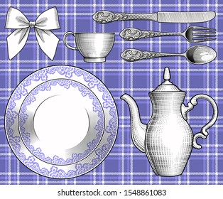 A set of dishes on a tablecloth in a cage. Vintage stylized drawing. Vector illustration