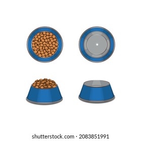 Un conjunto de platos para mascotas. Hay tazas de comida y platos vacíos. Imagen multicolor. Acercamiento. Ilustración vectorial.