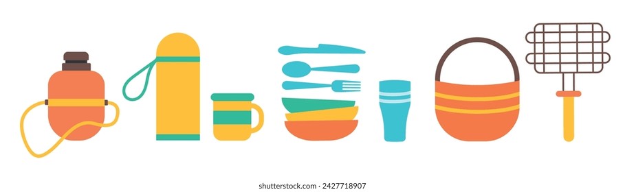 Conjunto de platos para picnic, camping, barbacoa. Ilustración de utensilios de cocina para acampar y viajar. Taza térmica, frasco, taza y plato, hervidor, termo, equipo de picnic aislado en blanco. Vector