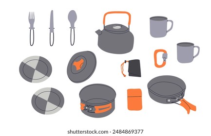 Conjunto de platos para picnic, camping, barbacoa. Ilustración de utensilios de cocina para acampar y viajar. Taza térmica, frasco, taza y plato, hervidor, termo, equipo de picnic aislado en blanco. Vector