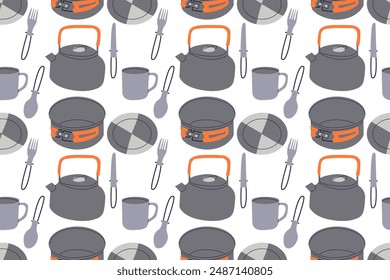 Conjunto de platos para picnic, camping, barbacoa. Ilustración de utensilios de cocina para acampar y viajar. Taza térmica, frasco, taza y plato, hervidor, termo, equipo de picnic aislado en blanco. Vector