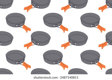 Conjunto de platos para picnic, camping, barbacoa. Ilustración de utensilios de cocina para acampar y viajar. Taza térmica, frasco, taza y plato, hervidor, termo, equipo de picnic aislado en blanco. Vector