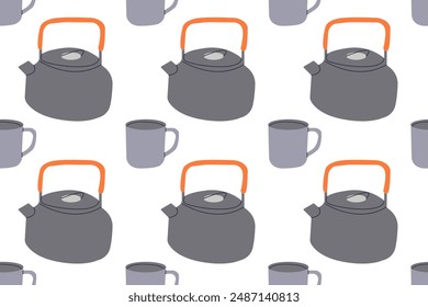 Conjunto de platos para picnic, camping, barbacoa. Ilustración de utensilios de cocina para acampar y viajar. Taza térmica, frasco, taza y plato, hervidor, termo, equipo de picnic aislado en blanco. Vector