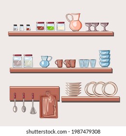 Set of dishes. Porcelain and earthenware ceramic items for table setting. Jug, glass jars, saucers, mugs, glass glasses, cups. Isolated vector objects.