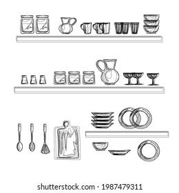 Set of dishes. Porcelain and earthenware ceramic items for table setting. Jug, glass jars, saucers, mugs, glass glasses, cups. Isolated vector objects.