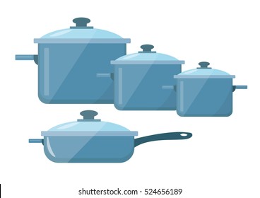 Set of dishes, pots and pans icon vector flat style. Isolated on white background. Vector illustration