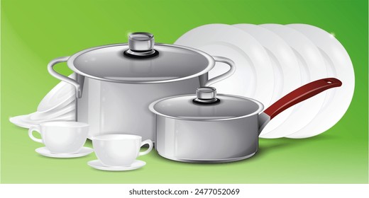 A set of dishes from pots, plates and cups. Vector illustration