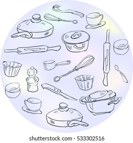 A set of dishes in the style of the sketch. Vector illustration