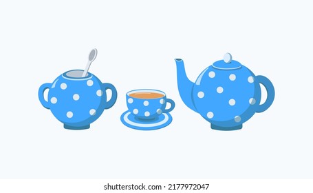 Set of dishes for tea drinking. Blue cup, teapot and sugar bowl. Tea in a cup. Vector illustration, still life. The background is isolated.