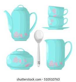 Set of dishes for tea. Sugar bowl, teapot, cup, spoon isolated on a white background. Vector illustration in cartoon style.