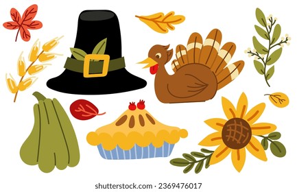 Set of dishes for Thanksgiving with a pilgrim's hat. Vector autumn elements with turkey, flat illustration of pie, pumpkin, sunflower. Happy Thanksgiving. Harvest festival. Design of autumn stickers