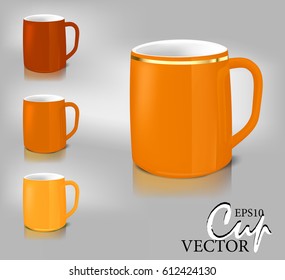 Set of dishes, three orange cups of different shades with a gold border
