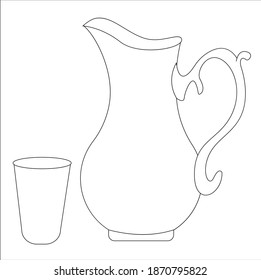 A set of dishes from two items. Jug and glass. Simple vector linear illustration in black and white.