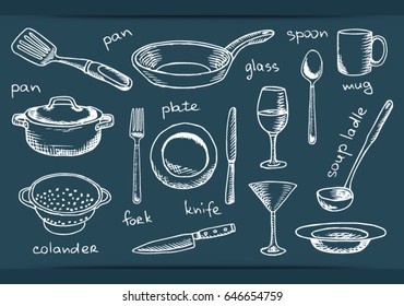 set of dishes utensils