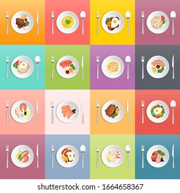 Set dishes vector illustration. Various food dishes. Sushi, steak, salad, soup and fried rice "nasi goreng" are some of the foods that are popular many people. Food that can bring us our own happiness