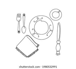 A set of dishes. Waiting for the first course in the restaurant. Vector illustration in the doodle style. Empty plate, cutlery, napkin, cup.